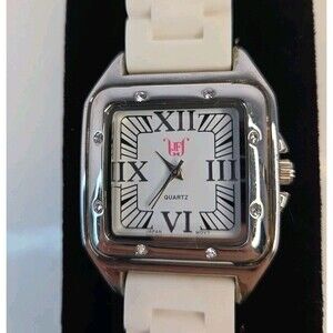 Just Fab Watch Women 36mm Silver Case White Silicone Band Rhinestone Details EUC